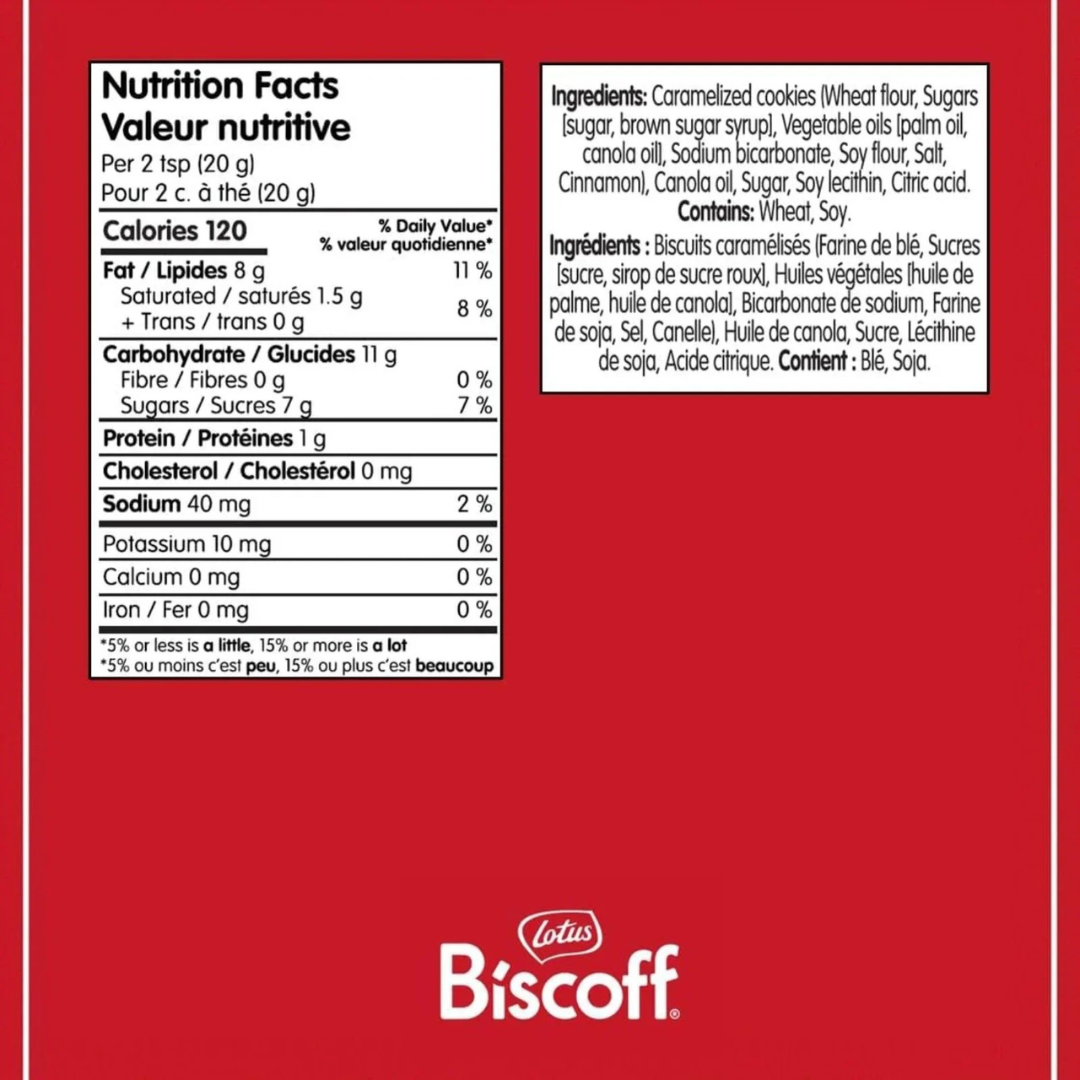Nutrition facts label and ingredients list for Lotus Biscoff cookies on a red background